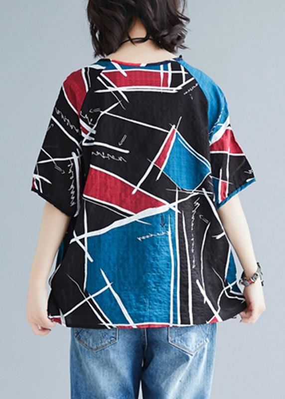 Natural Asymmetric Prints Cotton Tunics for O Neck Oversized Summer Blouse