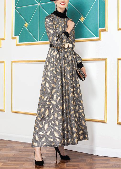 Natural Big Hem Cotton High Neck Clothes Runway Gray Prints Loose Dress
