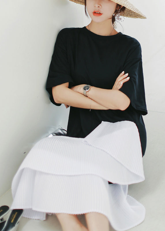 Natural Black Cotton Long Shirts Sweets Photography Patchwork Asymmetric Daily Summer Dress