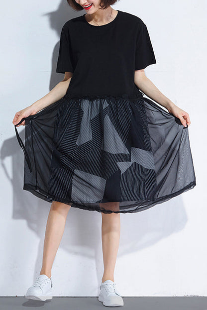Natural Black Cotton Tunic Korea Design O Neck False Two Pieces Summer Dress