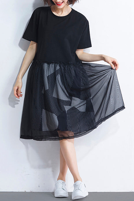 Natural Black Cotton Tunic Korea Design O Neck False Two Pieces Summer Dress