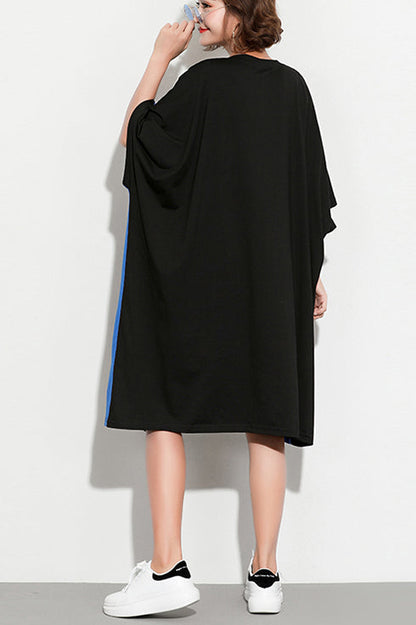 Natural Black Cotton Clothes Shape O Neck Batwing Sleeve Knee Summer Dress