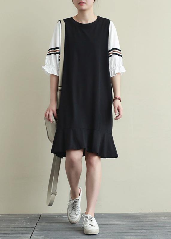 Natural Black Clothes O Neck Ruffles Short Dresses