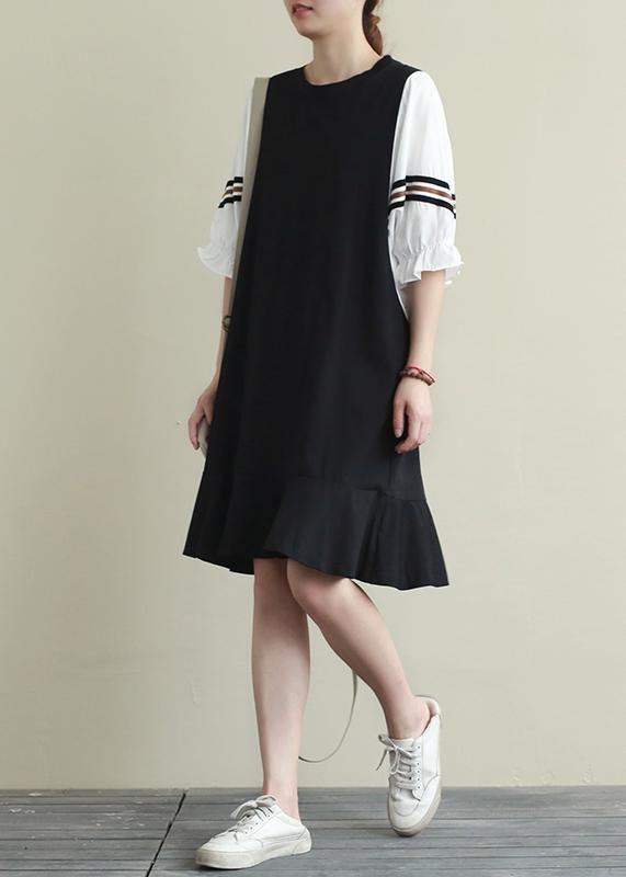 Natural Black Clothes O Neck Ruffles Short Dresses