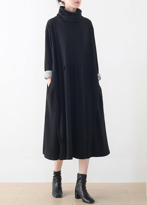 Natural Black Clothes High Neck Asymmetric Robes Dress