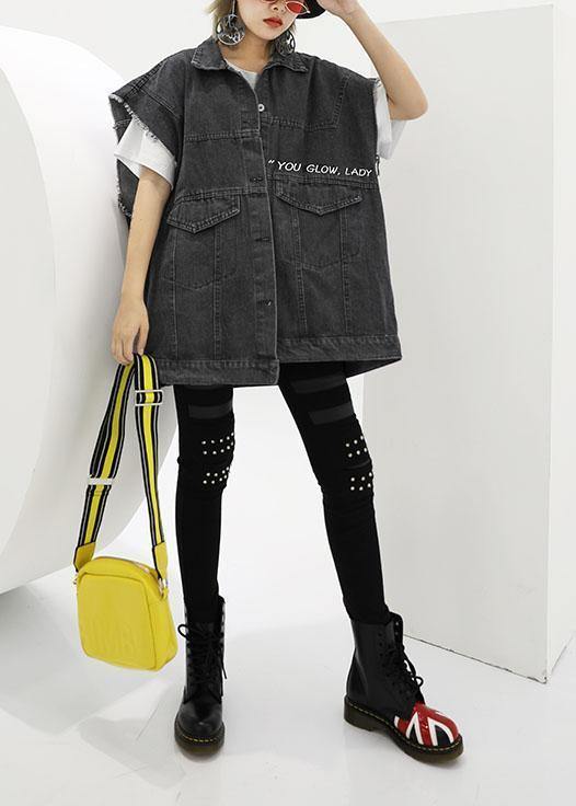 Natural Black Cotton Clothes for Short Sleeve Loose Fall Denim Blouse