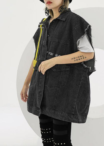 Natural Black Cotton Clothes for Short Sleeve Loose Fall Denim Blouse