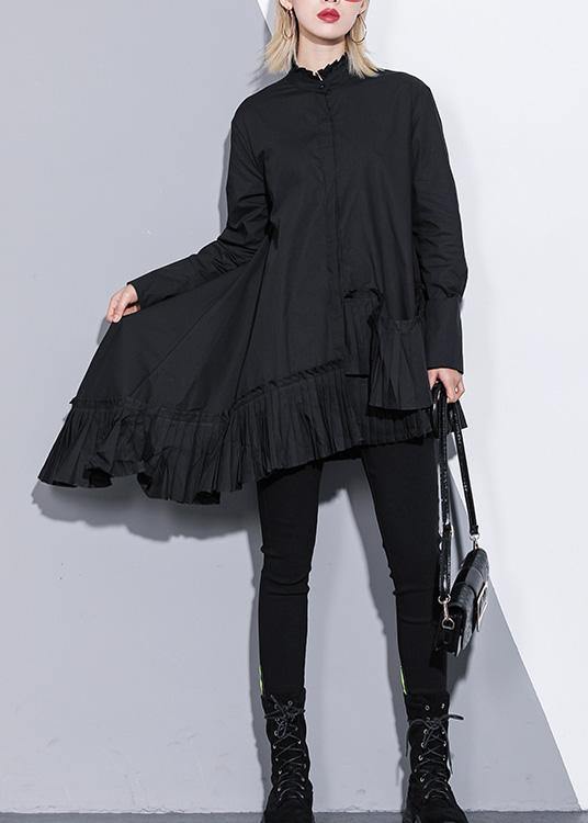 Natural Black Cotton Crane Tops Patchwork Cotton Ruffles Blouses