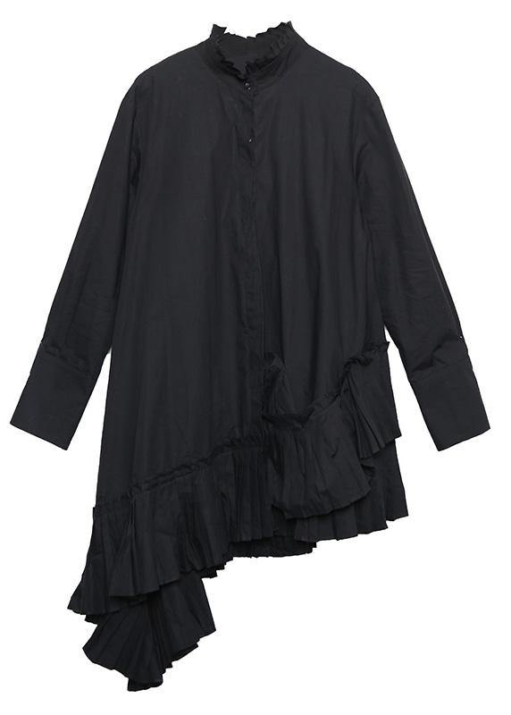Natural Black Cotton Crane Tops Patchwork Cotton Ruffles Blouses