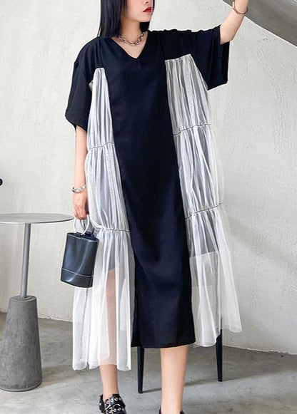 Natural Black Cotton Quilting Clothes O Neck Patchwork Tulle Robe Summer Dresses