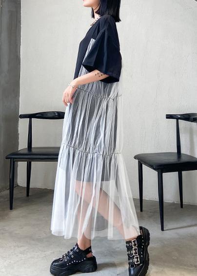 Natural Black Cotton Quilting Clothes O Neck Patchwork Tulle Robe Summer Dresses