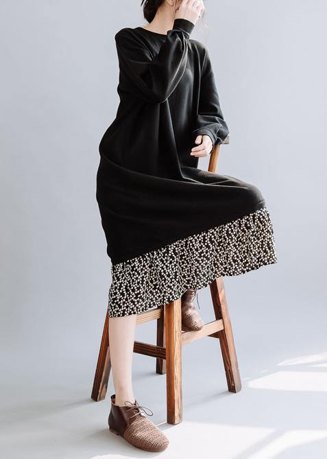 Natural Black Dresses O Neck Asymmetric False Two Pieces Dresses Fall Dress