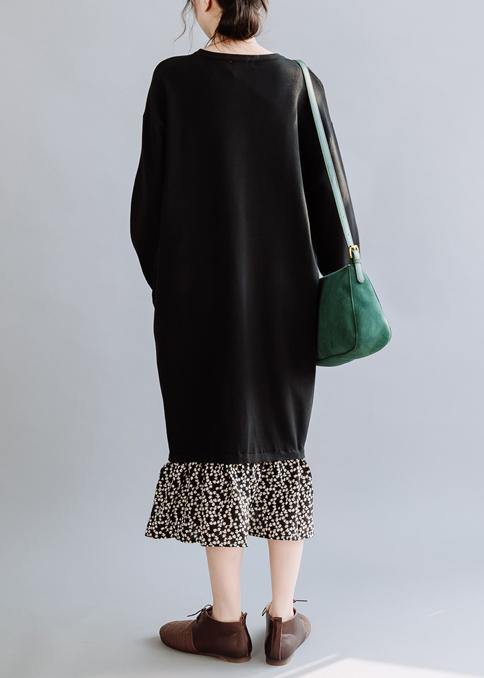 Natural Black Dresses O Neck Asymmetric False Two Pieces Dresses Fall Dress