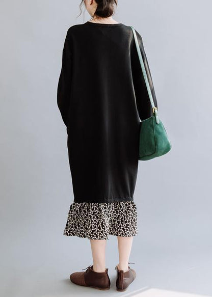 Natural Black Dresses O Neck Asymmetric False Two Pieces Dresses Fall Dress