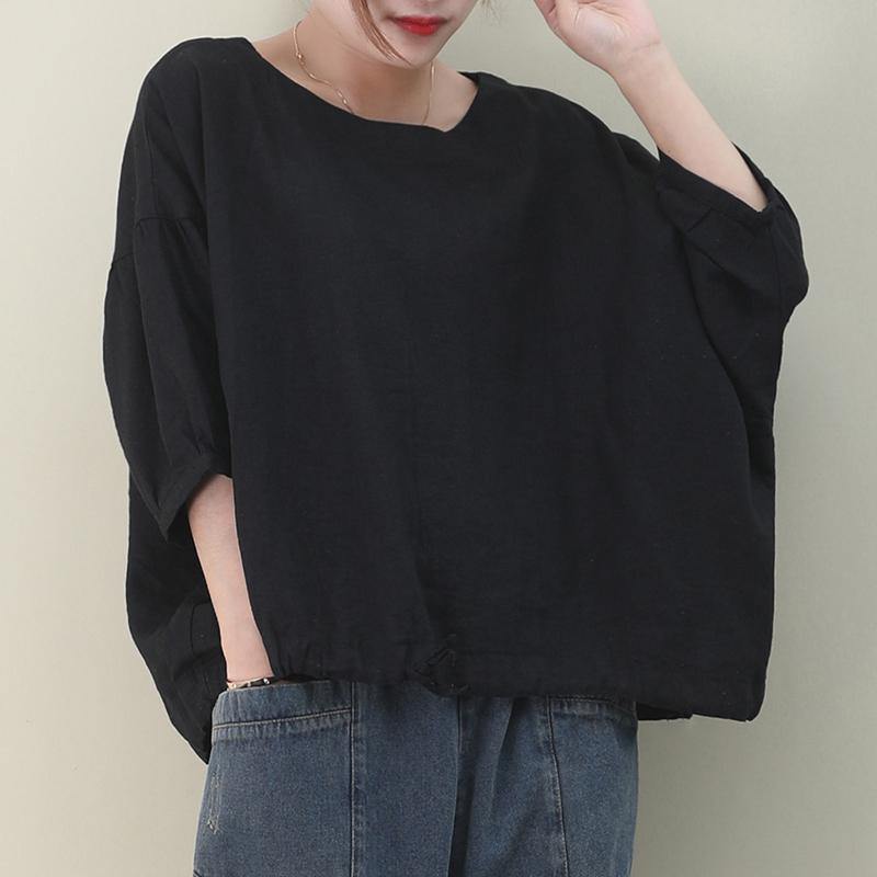 Natural Black Linen Linen Blouses O Neck Lantern Sleeve Oversized Blouse