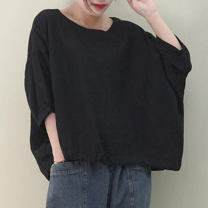 Natural Black Linen Linen Blouses O Neck Lantern Sleeve Oversized Blouse