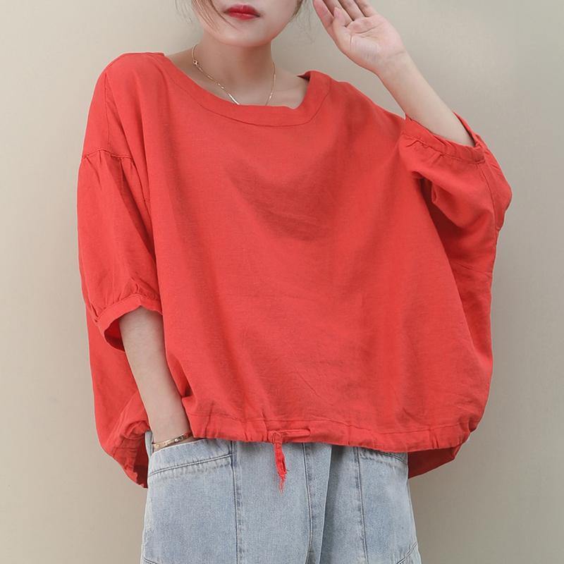 Natural Black Linen Linen Blouses O Neck Lantern Sleeve Oversized Blouse