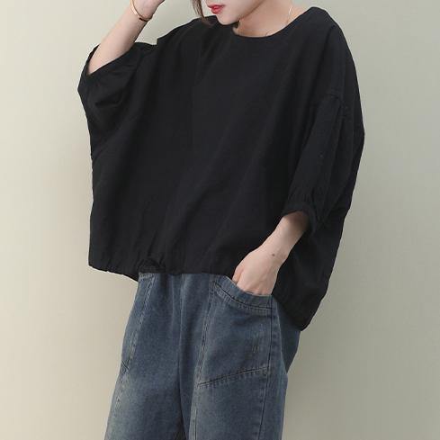 Natural Black Linen Linen Blouses O Neck Lantern Sleeve Oversized Blouse