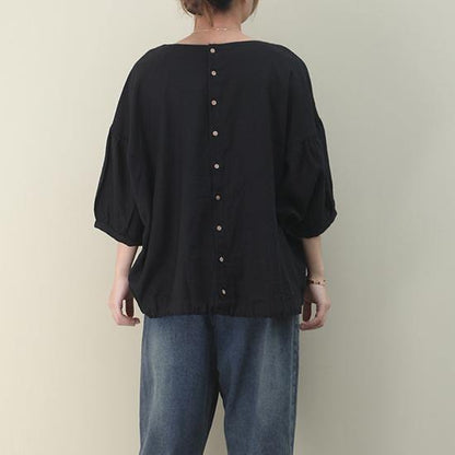 Natural Black Linen Linen Blouses O Neck Lantern Sleeve Oversized Blouse