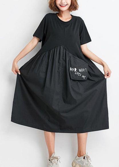 Natural Black Patchwork Cotton Clothes Big Pockets Oversized Summer Dress