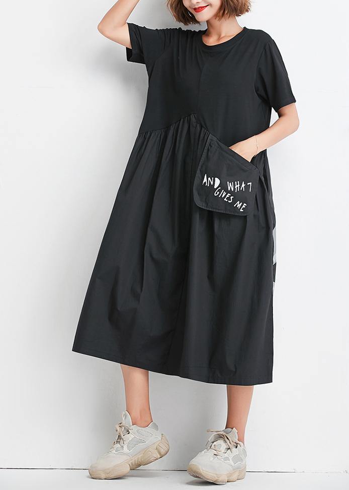Natural Black Patchwork Cotton Clothes Big Pockets Oversized Summer Dress