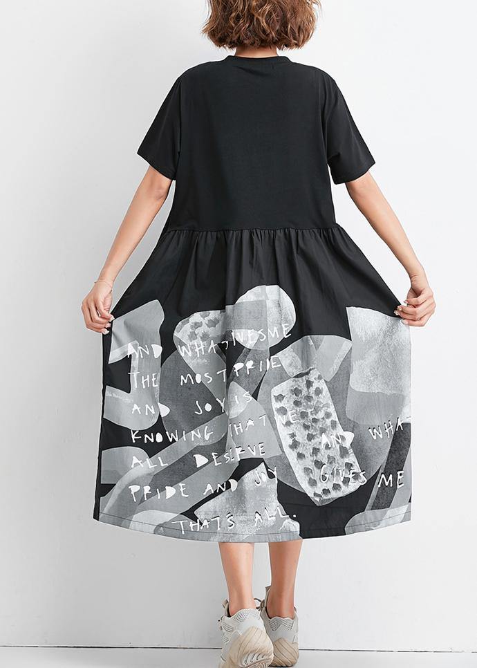 Natural Black Patchwork Cotton Clothes Big Pockets Oversized Summer Dress