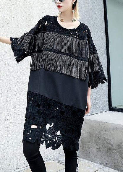 Natural Black Patchwork Cotton Dresses Tassel a Line Summer Dresses