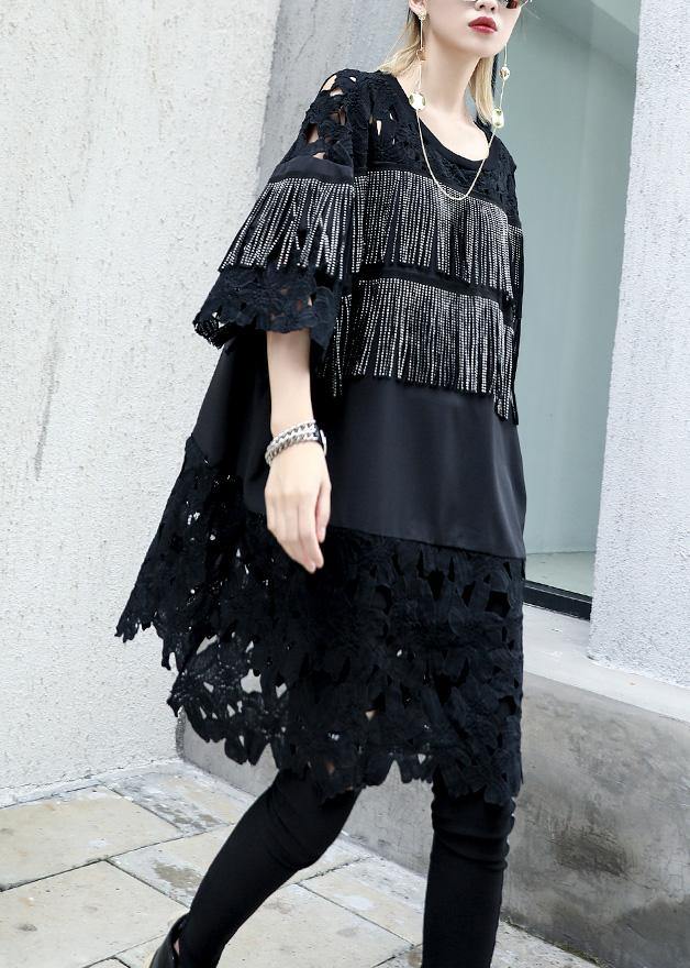 Natural Black Patchwork Cotton Dresses Tassel a Line Summer Dresses