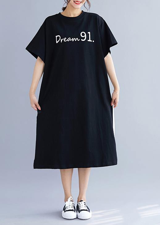 Natural Black Patchwork Cotton Quilting Clothes Side Open Long Summer Dress