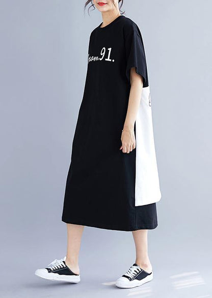 Natural Black Patchwork Cotton Quilting Clothes Side Open Long Summer Dress
