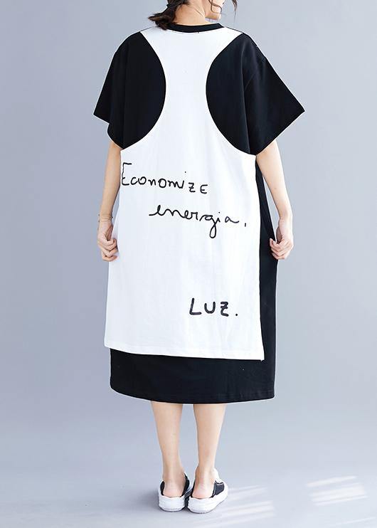 Natural Black Patchwork Cotton Quilting Clothes Side Open Long Summer Dress