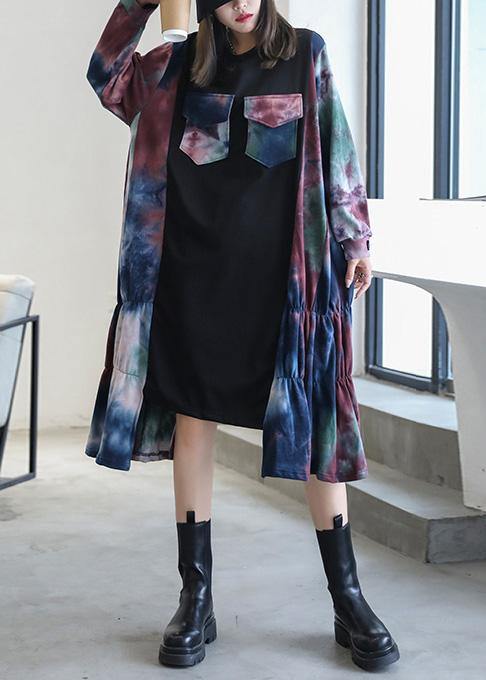 Natural Black Patchwork Print Dresses O Neck Asymmetric Traveling Fall Dress