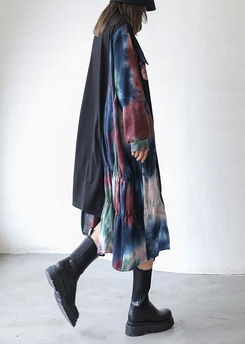 Natural Black Patchwork Print Dresses O Neck Asymmetric Traveling Fall Dress