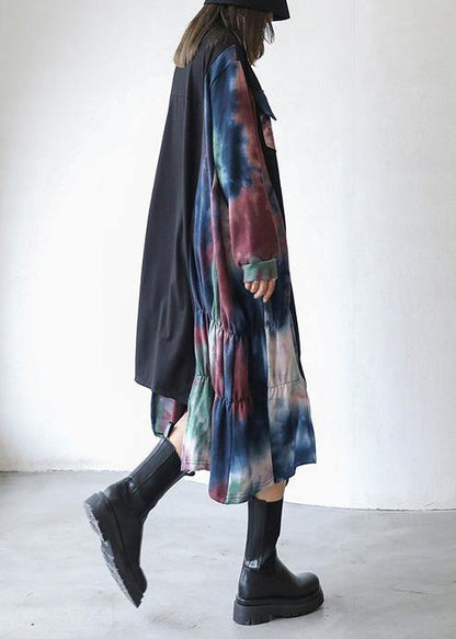 Natural Black Patchwork Print Dresses O Neck Asymmetric Traveling Fall Dress