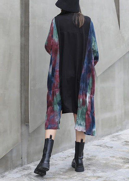 Natural Black Patchwork Print Dresses O Neck Asymmetric Traveling Fall Dress