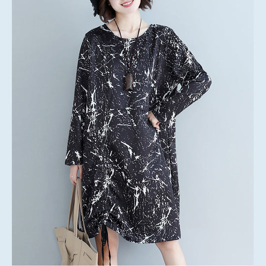 Natural Black Print Cotton Dress Shape Side Open Baggy Dress
