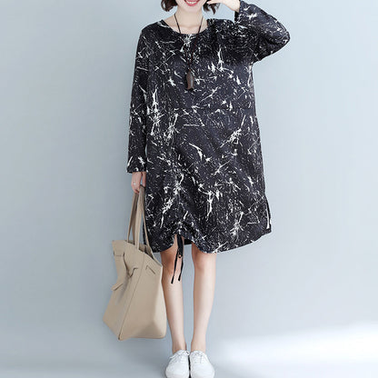 Natural Black Print Cotton Dress Shape Side Open Baggy Dress