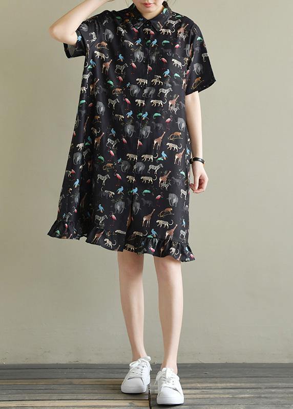 Natural Black Print Chiffon Dresses Fitted Shirts Lapel Short Sleeve Kaftan Summer Dresses