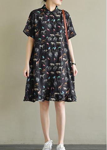 Natural Black Print Chiffon Dresses Fitted Shirts Lapel Short Sleeve Kaftan Summer Dresses
