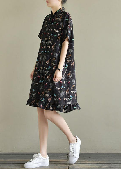 Natural Black Print Chiffon Dresses Fitted Shirts Lapel Short Sleeve Kaftan Summer Dresses