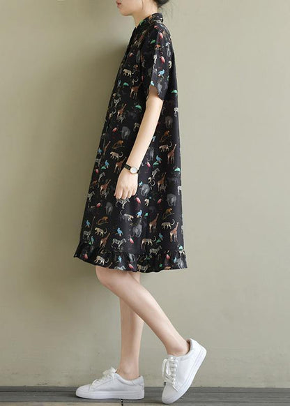 Natural Black Print Chiffon Dresses Fitted Shirts Lapel Short Sleeve Kaftan Summer Dresses