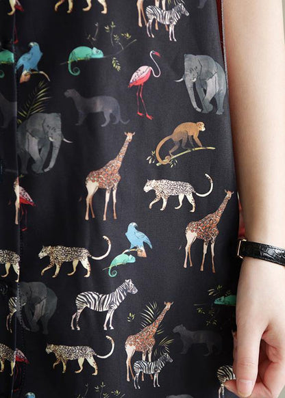 Natural Black Print Chiffon Dresses Fitted Shirts Lapel Short Sleeve Kaftan Summer Dresses