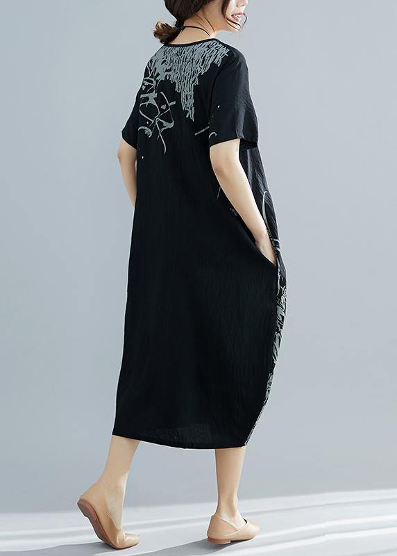 Natural Black Print Cotton Clothes for Shape O Neck Dresses Summer Dress