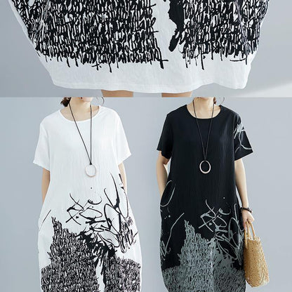 Natural Black Print Cotton Clothes for Shape O Neck Dresses Summer Dress