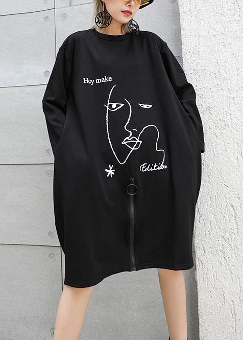Natural Black Prints Cotton Tunic Dress Zippered Dresses Fall Dresses