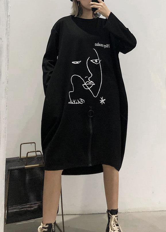 Natural Black Prints Cotton Tunic Dress Zippered Dresses Fall Dresses