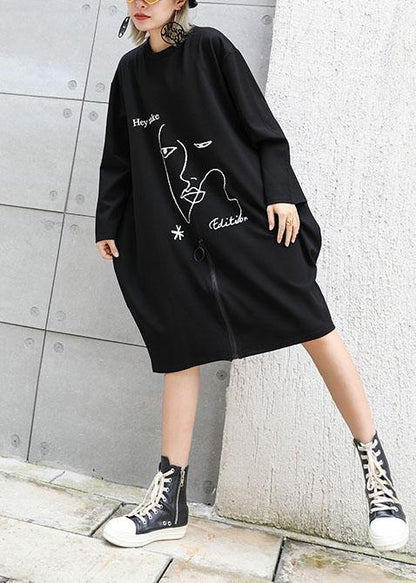Natural Black Prints Cotton Tunic Dress Zippered Dresses Fall Dresses