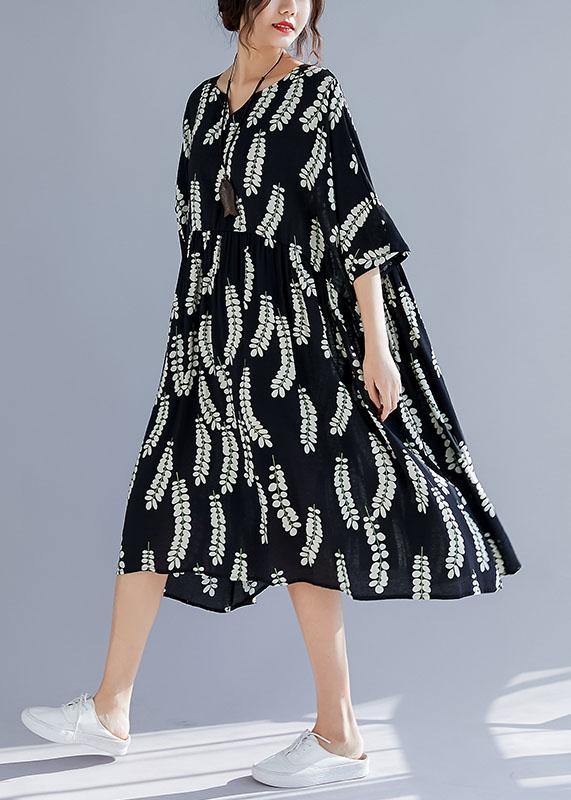 Natural Black Prints Cotton Tunics V Neck a Line Summer Dresses