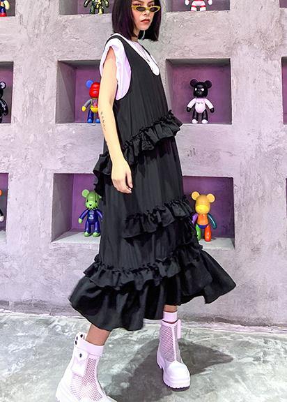 Natural Black Sleeveless Cotton Quilting Dresses Ruffles Art Summer Side Open Dress