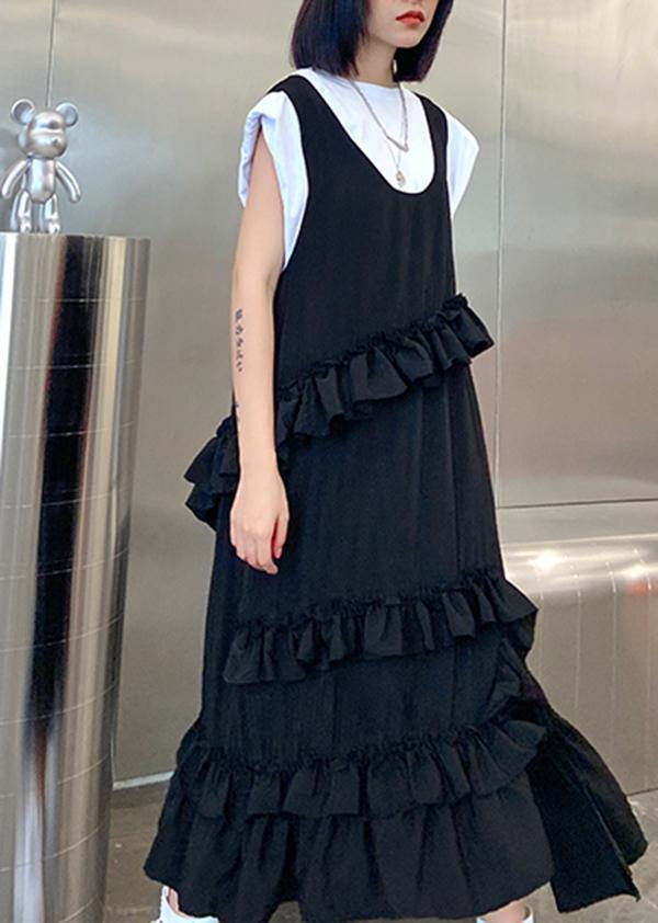 Natural Black Sleeveless Cotton Quilting Dresses Ruffles Art Summer Side Open Dress